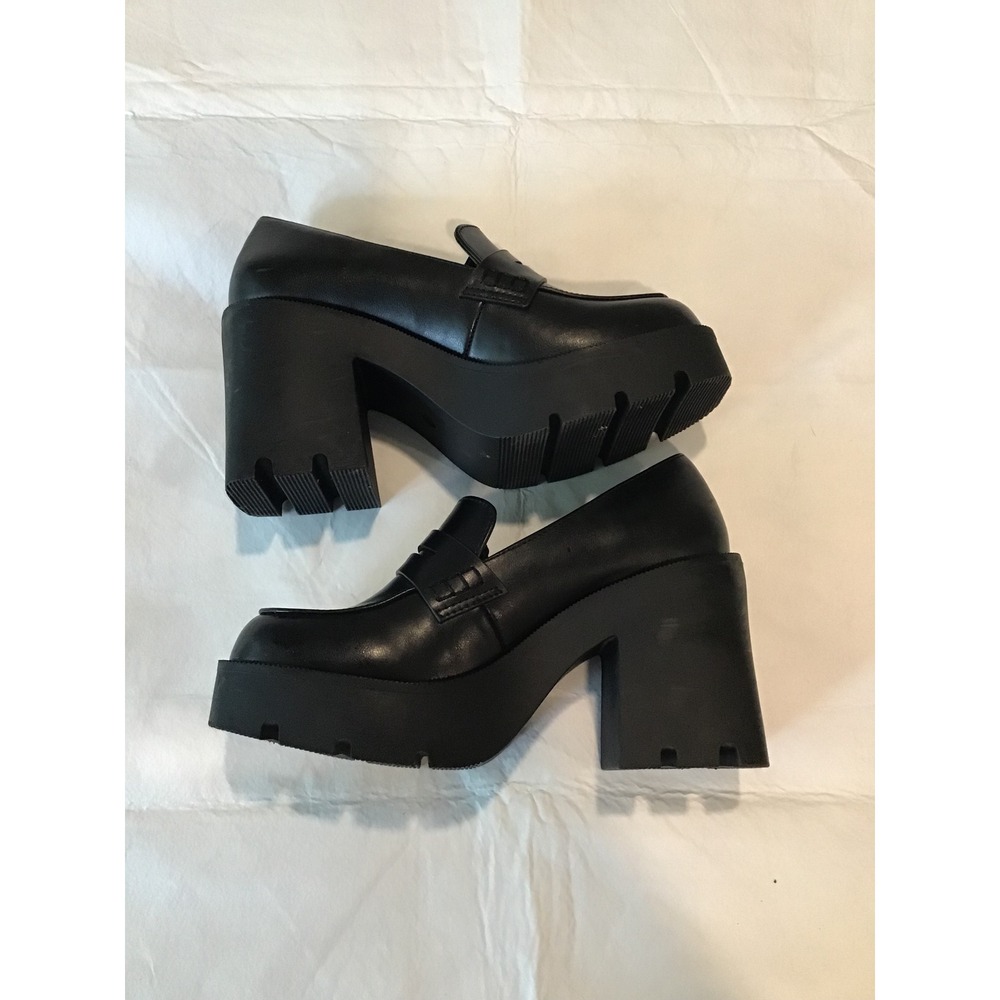 JF Black Leather Chunky Platform Y2K Lug Sole Penny Loafer Heels - Picture 3 of 6
